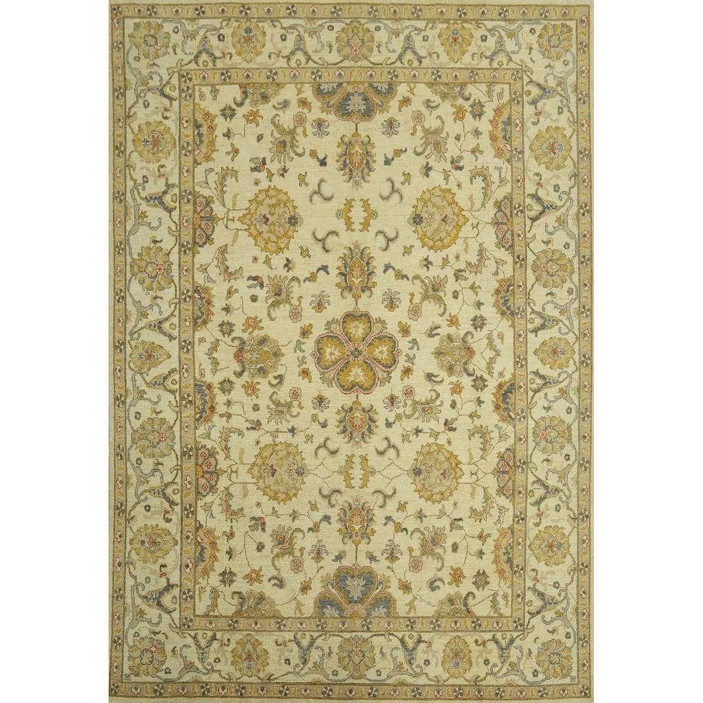 Handmade Floral Oushak Vegetable Dye Large Rug, Floral Geometric Carpet - 13' 8'' X 10' 1''
