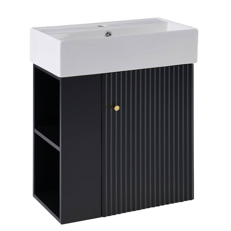 Floating Bathroom Vanity Cabinet with Sink & Left Side Storage, Black - 21.6 Inch