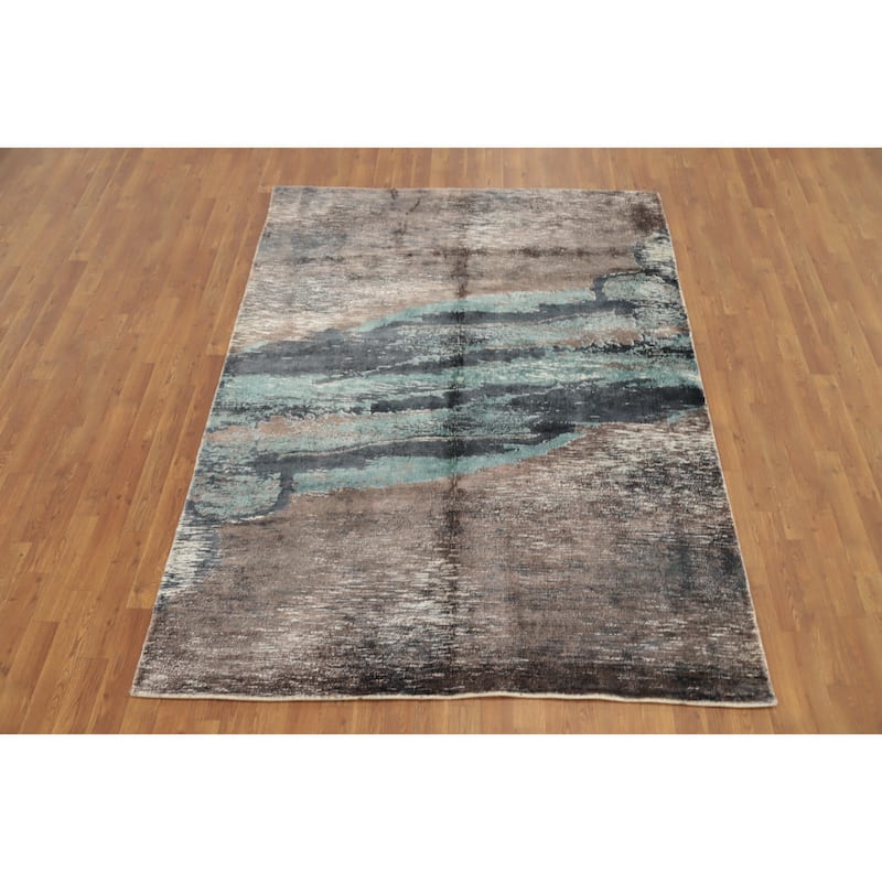 Hand Knotted Oriental Viscose Silk Carpet Modern Pictorial Multi-Colored Abstract Area Rug - 7' 6'' X 5' 7''