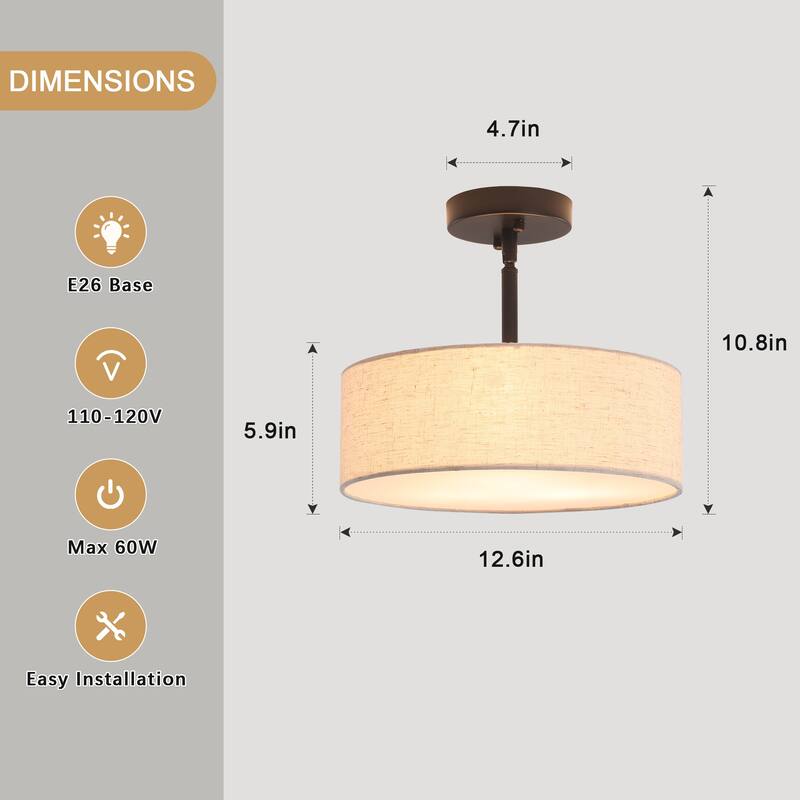 3-Light Classic Hanging Semi Flush Mount Ceiling Light Fixture with Rattan Cover for Kitchen Island