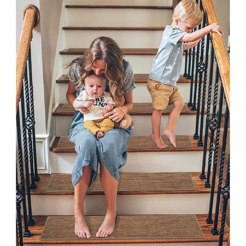 15pcs Upgraded Self Adhesive Backing Non Slip Stair Carpets, Linen Stair Treads for Indoor 30x8 in - 6' x 7'