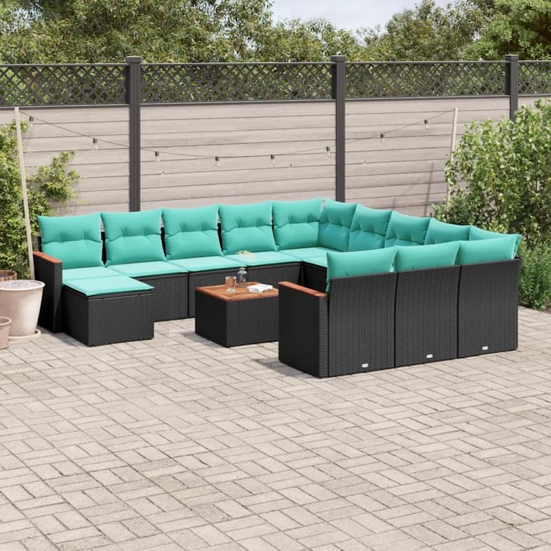 vidaXL 12 Piece Patio Sofa Set with Cushions Black Poly Rattan - 21.7x27.2x24.4-With table
