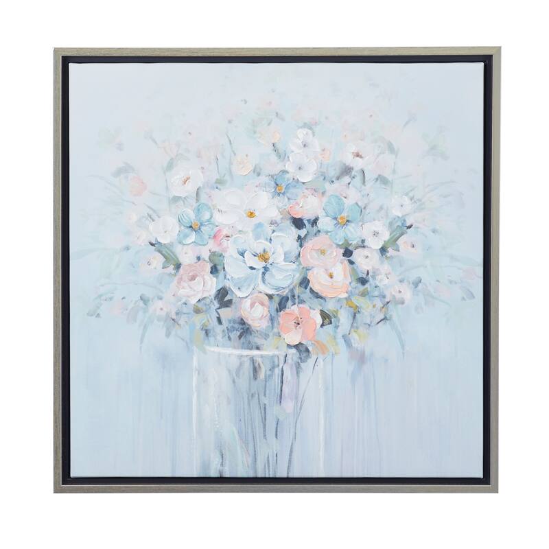Blue Canvas Bouquet Floral Framed Wall Art with Silver Frame