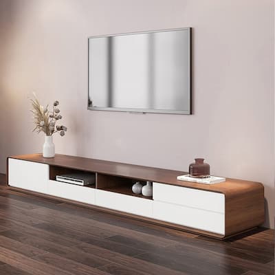 Modern Wood TV Stand, Lowline Media Console with 4 Drawers, Open Storage Cabinet, Walnut Veneer, Fully-assembled