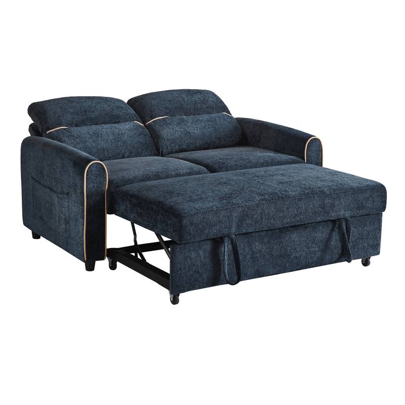 Roomfitters 58 Inch Chenille Pull Out Loveseat Sofa Bed with USB Ports and Side Storage Pockets, Modern