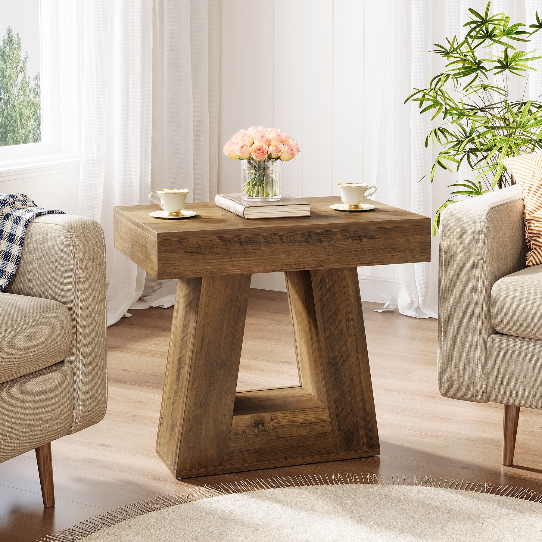 24" Modern 2-Tier Narrow End Table with Trapezoid Base