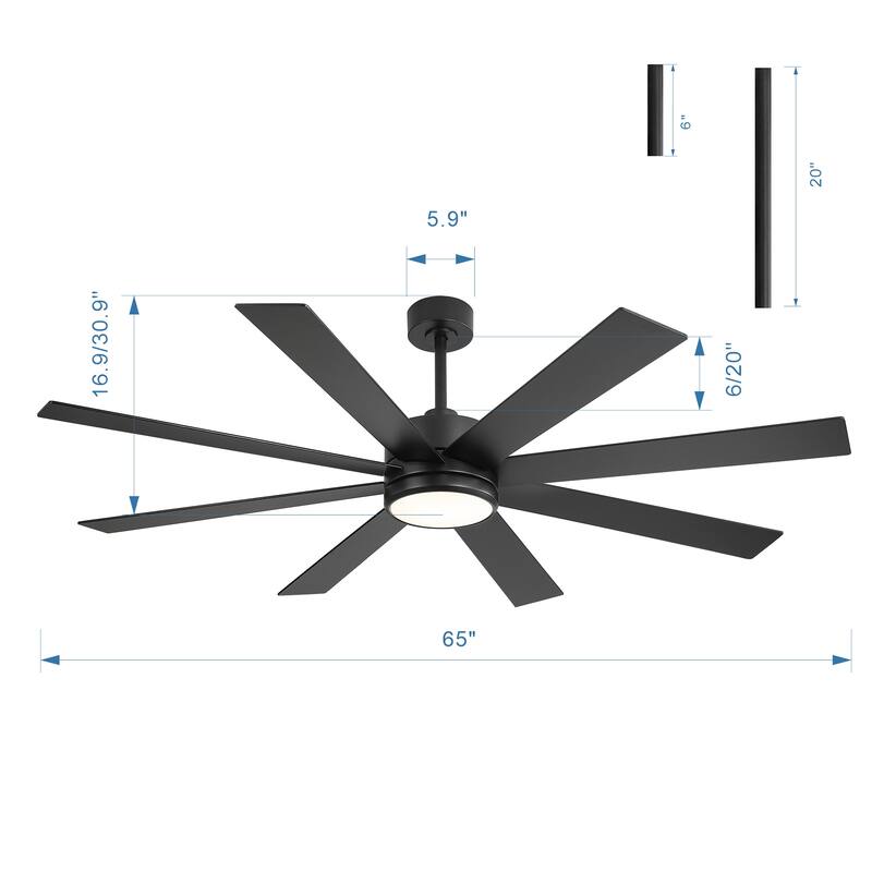 65-inch Black Ceiling Fan with LED Light Remote and Downrod(8-Blade)