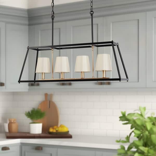slide 2 of 9, Modern Farmhouse 4-Light Black Gold Chandeliers Rectangle Island Lights with Fabric Shades - 28.5"L x 9"W x 19"H