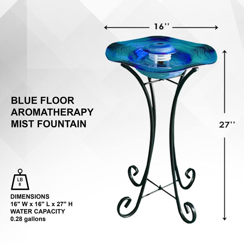 27in Tall Floor Mist Fountain with LED Lights and Inline Control - Blue Glass and Metal Design, Blue Freestanding Mist Fountain