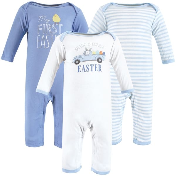 slide 1 of 1, Hudson Baby Infant Boy Cotton Coveralls, Easter Truck 0 - 3 Months - White/Blue