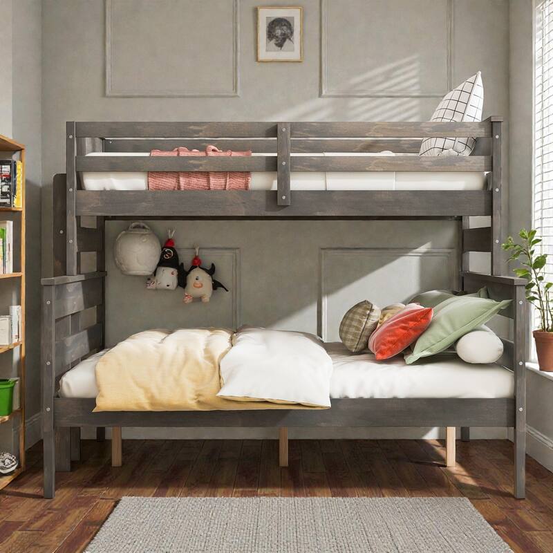 Wood Twin XL over Queen Bunk Bed with Ladder, Solid Pine Detachable Bunk Frame with Guardrails and Slat Support - Grey - Queen