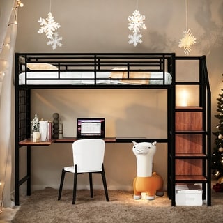 Modern Twin Size Loft Bed With Desk and Metal Grid,Lateral Storage Ladder and Wardrobe for Bedroom