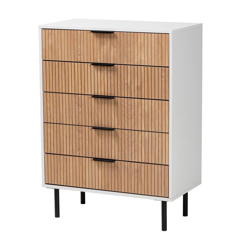 Karima Mid-Century Modern Two-Tone White and Natural Brown Finished Wood and Black Metal 5-Drawer Storage Cabinet - White, Natural Brown, Black