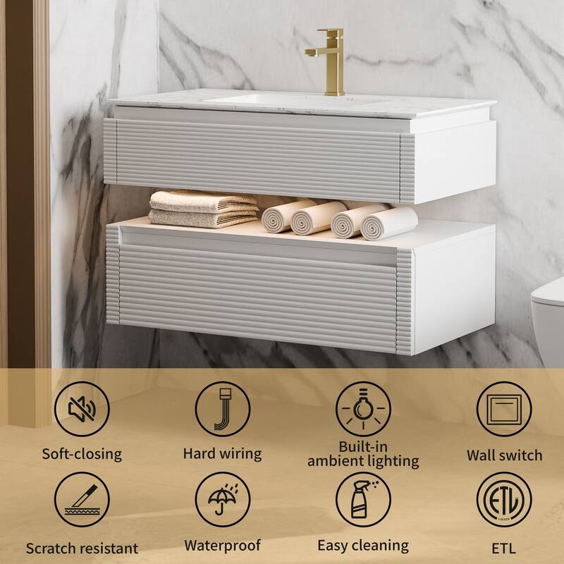 Modland 36" Modern Wall-Mounted Bathroom Vanity with Engineered Stone Countertop & Ceramic Undermount Sink