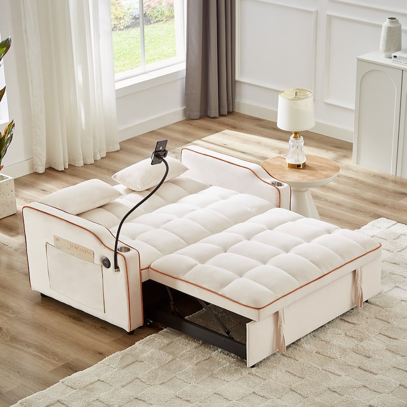 Versatile Foldable Sofa Bed in Beige, Solid Wood+MDF+Resin, Adjustable Back, USB Port & Phone Stand
