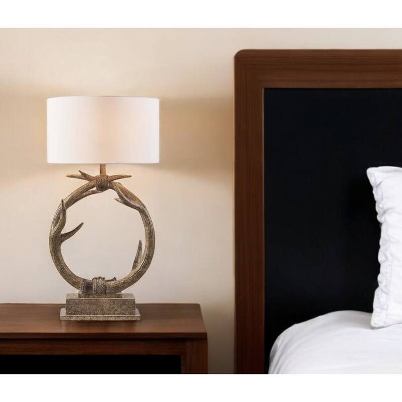 27" Rustic Brown Globe Metal Table Lamp with White Fabric Drum Shade for Living Room or Bedroom - 26.77"H x 13.78"W x 13.78"D
