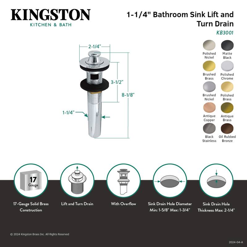 Kingston Brass Lift and Turn Sink Drain with Overflow