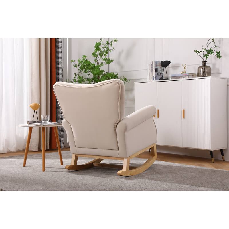 High Back Rocking Chair Beige Nursery Chair Fabric Padded Rocker Modern High Back Armchair with Curved Legs
