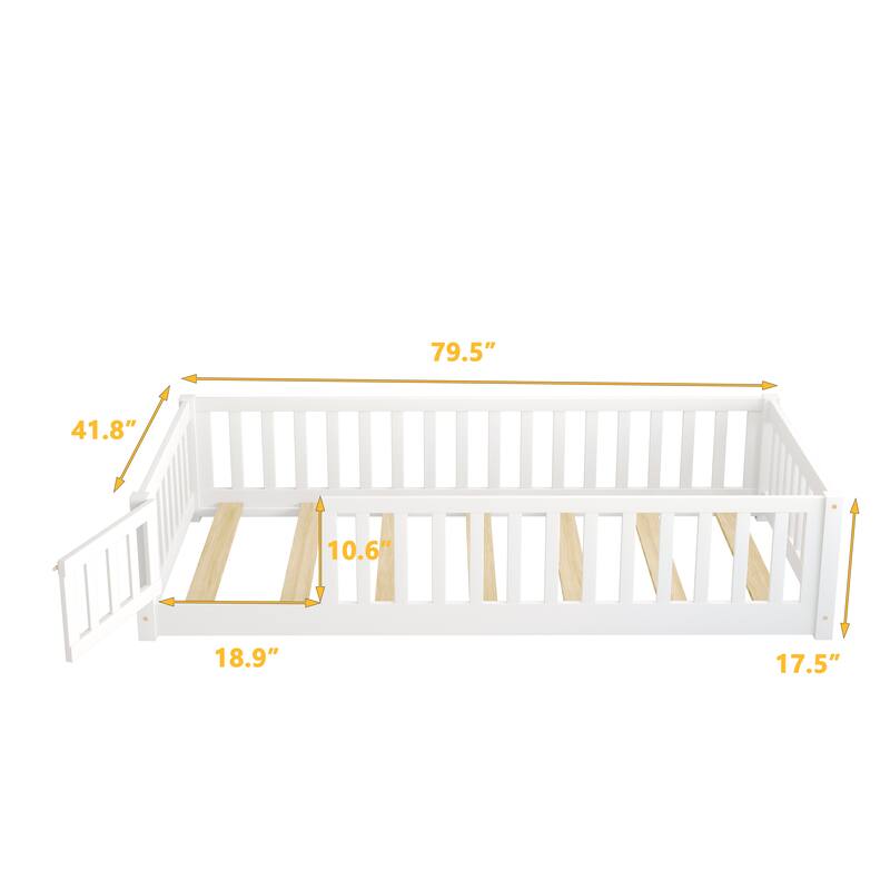 Floor Platform Bed with Fence Guardrails and Door