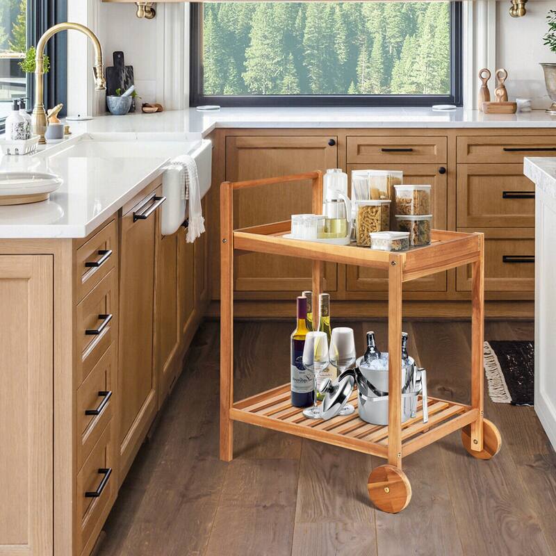 Gymax 2-Tier Acacia Rolling Kitchen Trolley Cart Dining Serving Cart - See Details