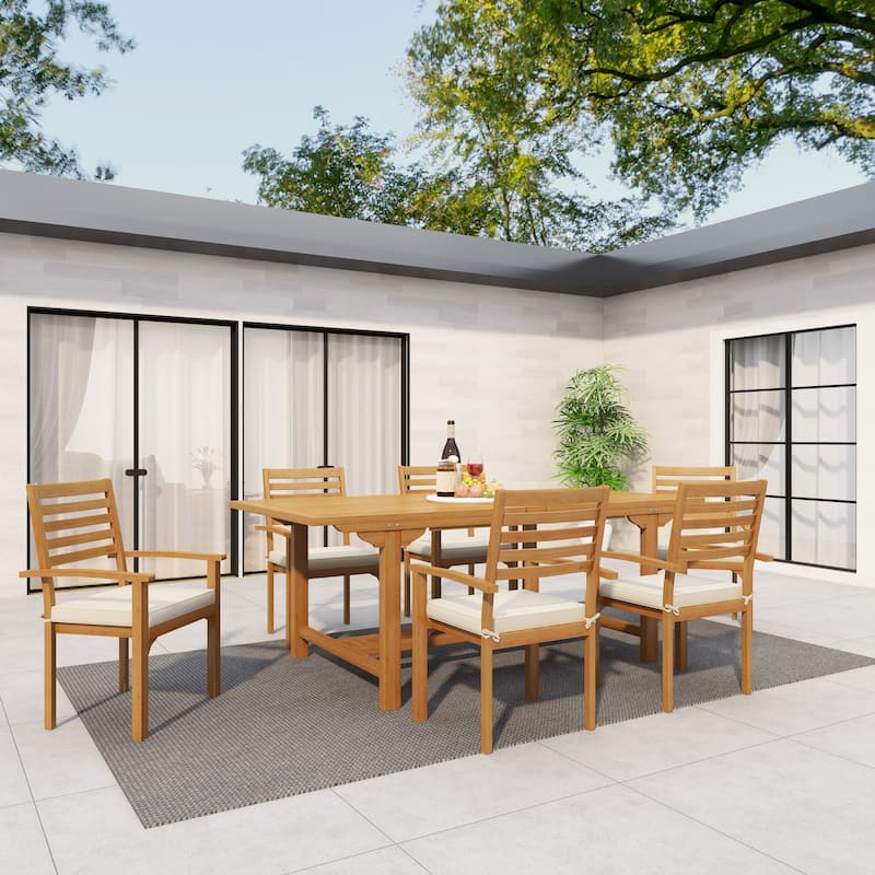 Brown Teak Wood Patio Outdoor Dining Set with White Cushions and Extendable Table Leaf (Set of 7) - 83"W, 30"H(A+B) - Brown