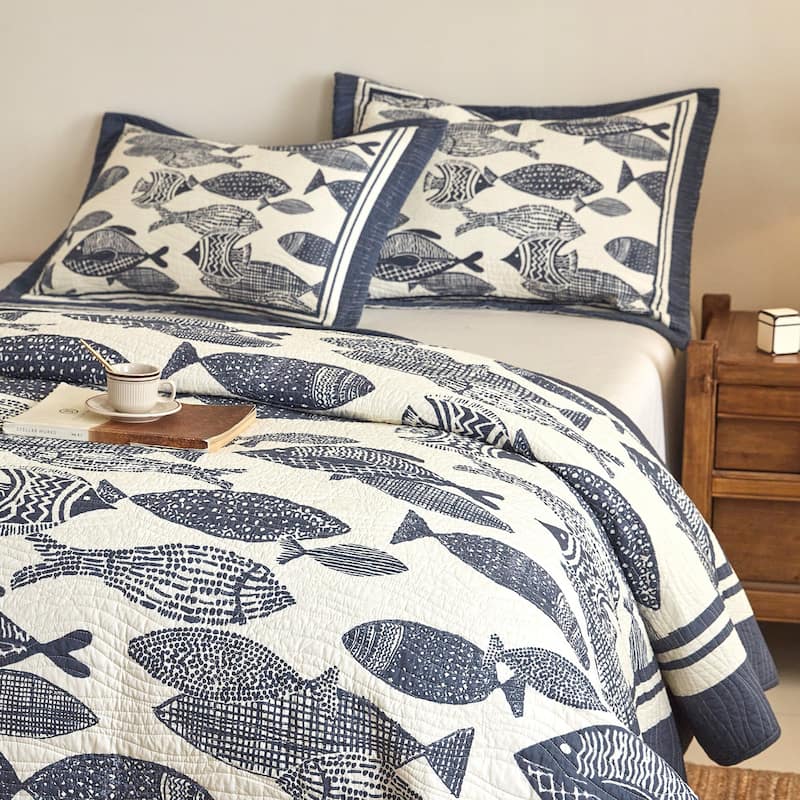 Cotton Nautical Fish Print Quilt Bedspread Set