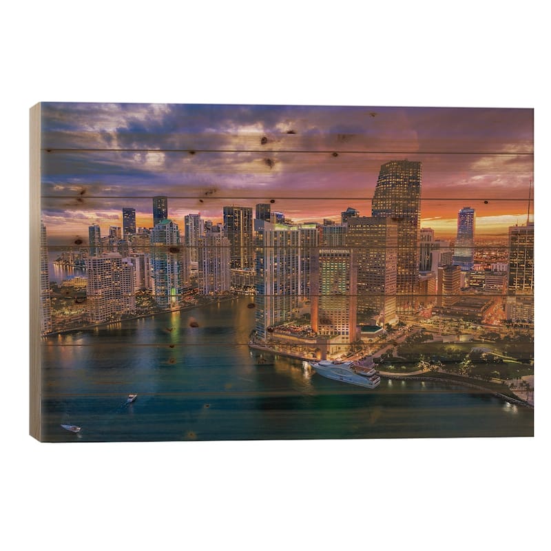 Florida Miami Downtown Skyline Sunset Cityscape I Print On Wood by Alex G Perez - Multi-Color - 18x26x1.5