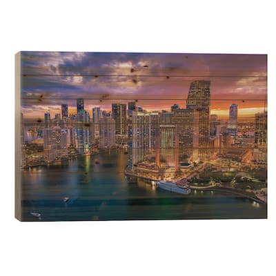 Florida Miami Downtown Skyline Sunset Cityscape I Print On Wood by Alex G Perez - Multi-Color