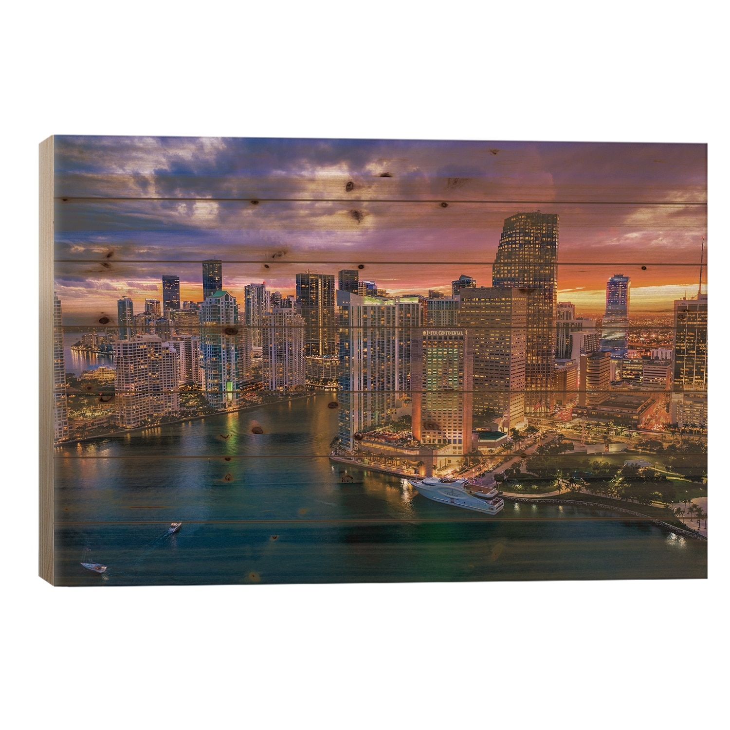 Florida Miami Downtown Skyline Sunset Cityscape I Print On Wood by Alex G Perez - Multi-Color