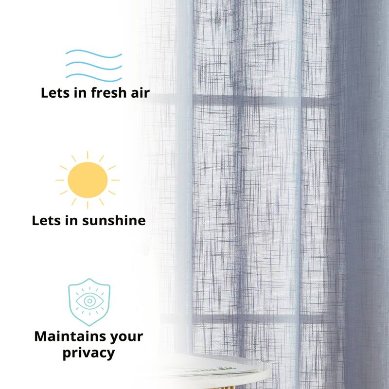 HLC.me Abbey Faux Linen Textured Semi Sheer Privacy Light Filtering Transparent Window Grommet Curtain Panels, Pair
