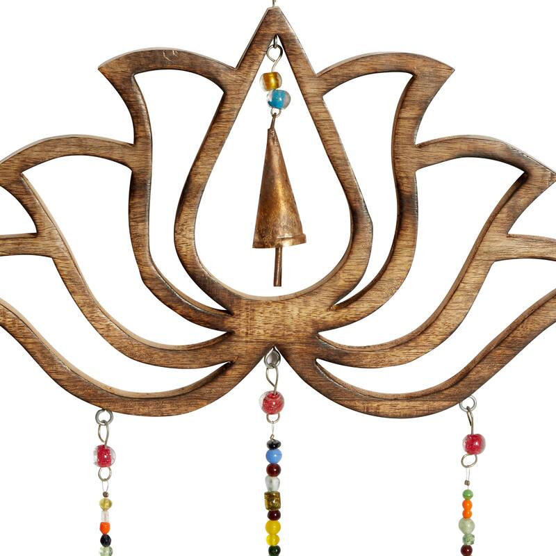 Mango Wood Floral Lotus Windchime with Glass Beads and Cone Bells - Gold - Roche River Decor