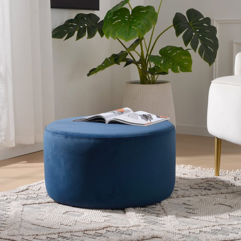 KINWELL Round Upholstered Pouf Ottoman Footrest - 24'x 24'x 13' - Velvet Navy 24"