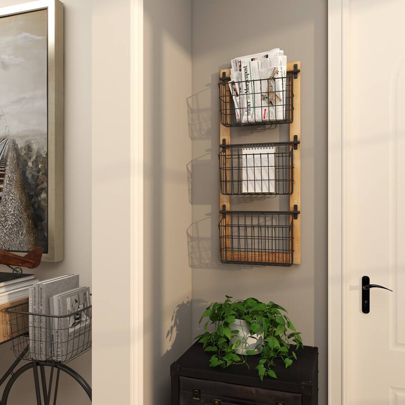 Black Metal 3 or 2 Slot Magazine Rack Holder with Wood Frame and Suspended Wire Baskets