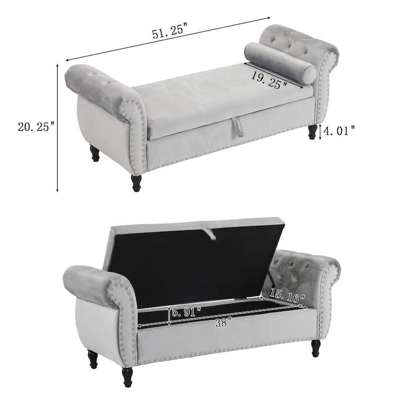 51.25" Velvet Storage Ottoman Bench with Rolled Arms and Wood Legs