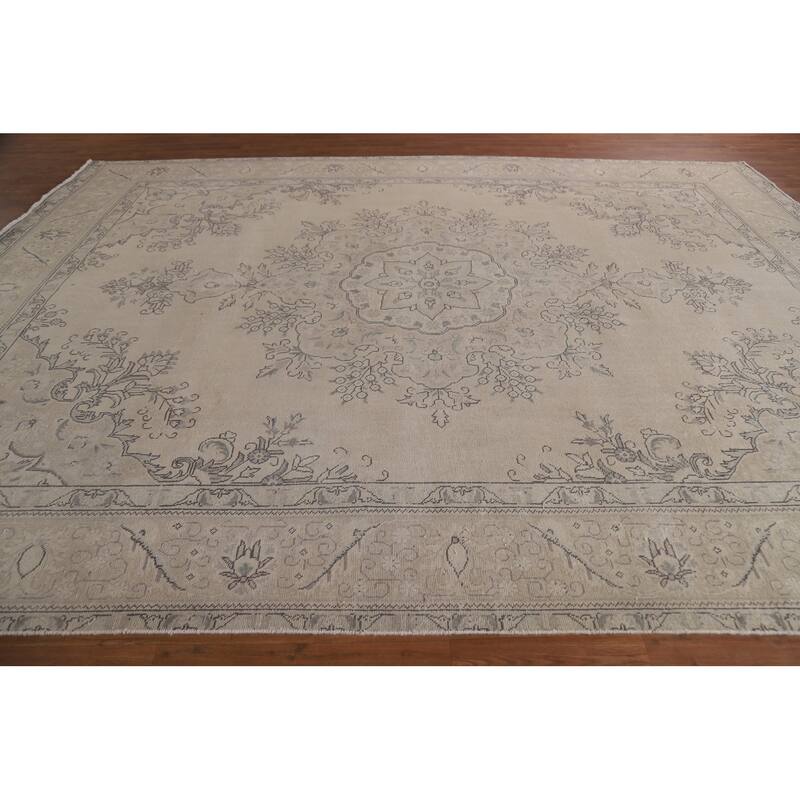 Hand Knotted Oriental 100% Wool Carpet Traditional Floral Beige & Ivories Tabriz Area Rug - 12' 5'' X 9' 7''