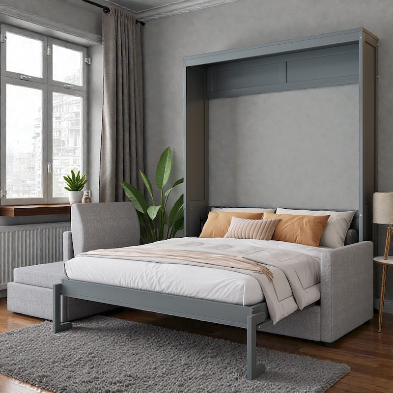 Queen Size Murphy Wall Bed with Sofa and Shelves, Space-Saving Fold Down Bed with Storage, Piston Lift Mechanism