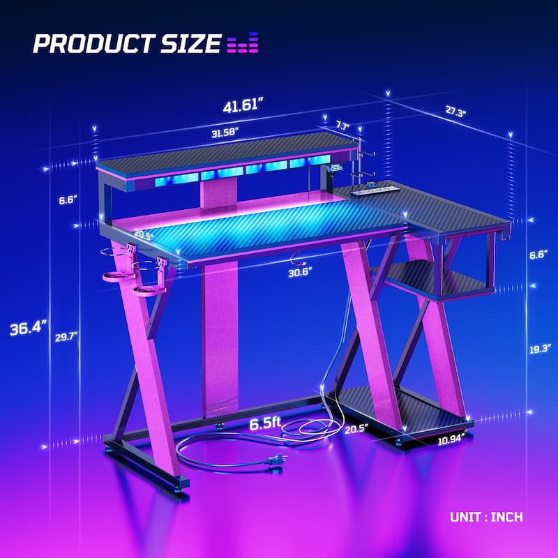 Bestier 42" Computer Desk with Music Sync Light, Corner Desk with Monitor Stand and PS5 Storage Shelves and Headset Hooks