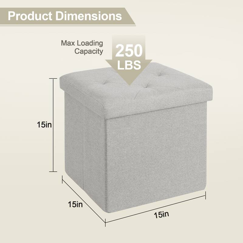 Javlergo 15" Foldable Storage Ottoman, Tufted Linen Foot Rest Stool/Seat Toy Chest