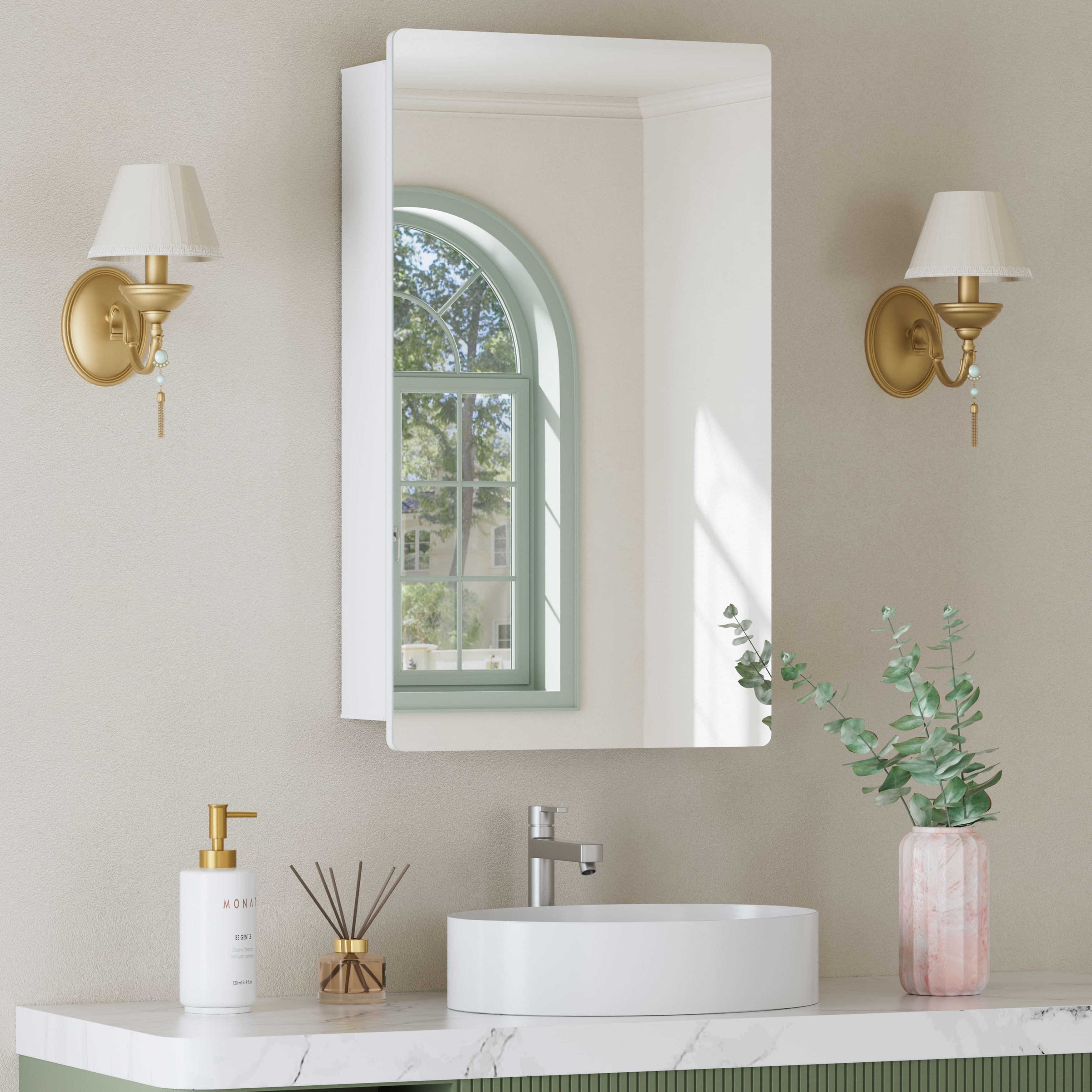 Mira Rectangular Frameless Medicine Cabinet with Mirror, Sliding Adjustable Glass Shelves, Reversible Door