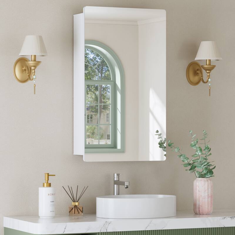 Mira Rectangular Frameless Medicine Cabinet with Mirror, Sliding Adjustable Glass Shelves, Reversible Door - White - 14 in. W x 24 in. H