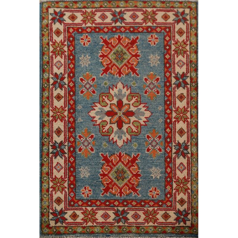 Light Blue Kazak Oriental Foyer Rug Hand-Knotted Wool Carpet - 2'0"x 3'0"