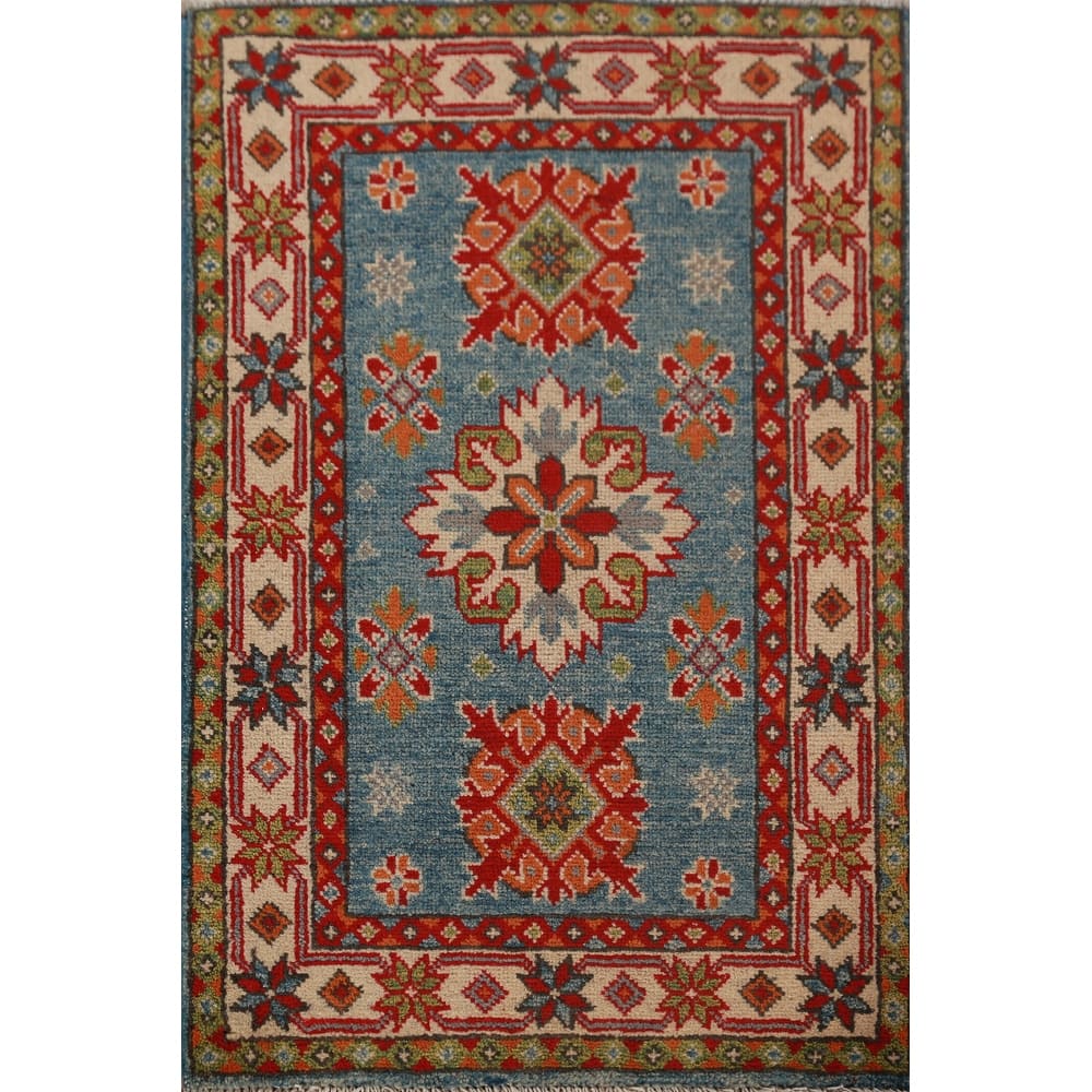 Light Blue Kazak Oriental Foyer Rug Hand-Knotted Wool Carpet - 2'0"x 3'0"