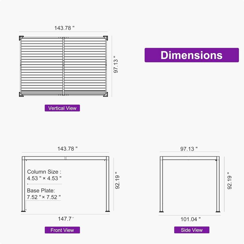 PURPLE LEAF Solar Louvered Pergola with LED String Lights Aluminum Outdoor Pergola with Adjustable Roof for Patio Garden
