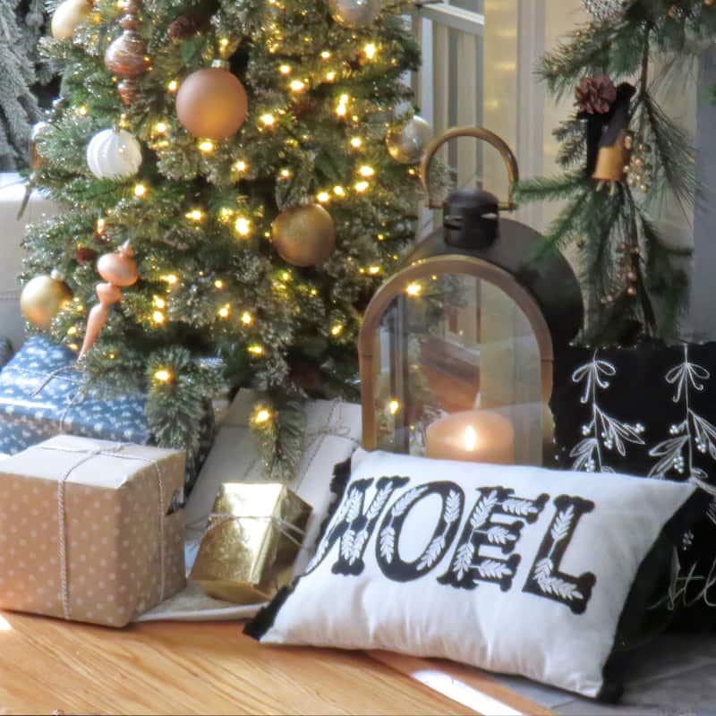 HGTV Home Collection Cotton Velvet Pillow With Mistle Toe Embroidery And Cord Detail, Black, 18 in