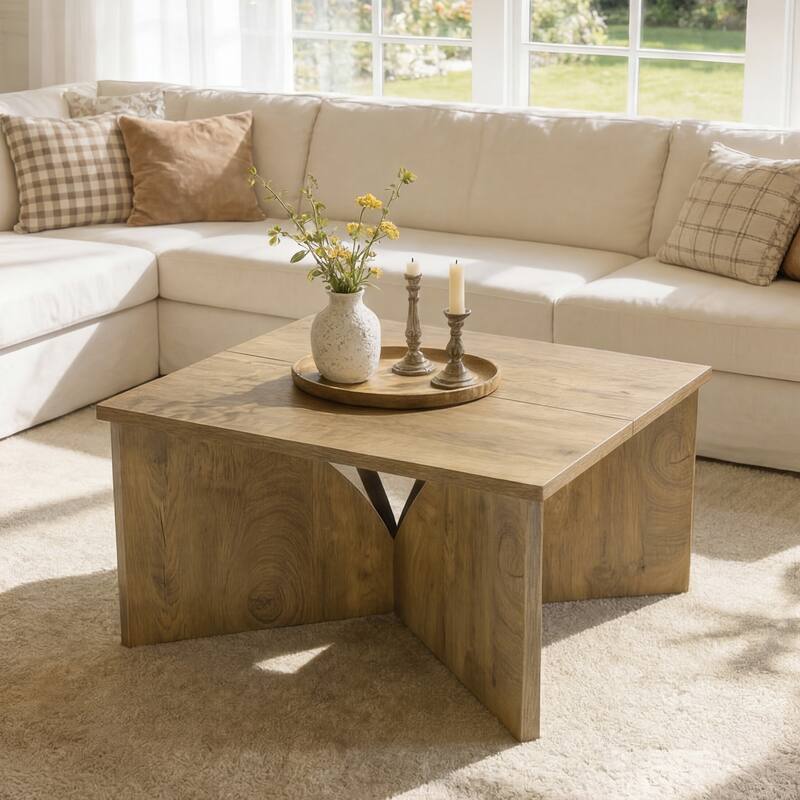 31.5 Inch Square Wood Coffee Table, Farmhouse Accent Center Table - 31.5" D x 31.5" W x 17.72" H
