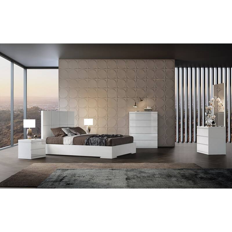 Queen Size Platform Bed - Modern Square Headboard, High Gloss White Finish - Adventure Bed