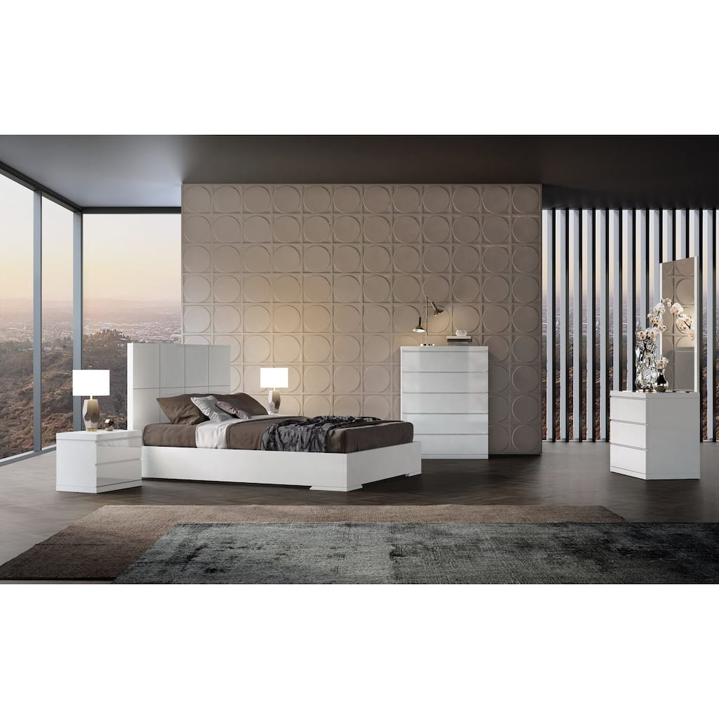 Queen Size Platform Bed - Modern Square Headboard, High Gloss White Finish - Adventure Bed