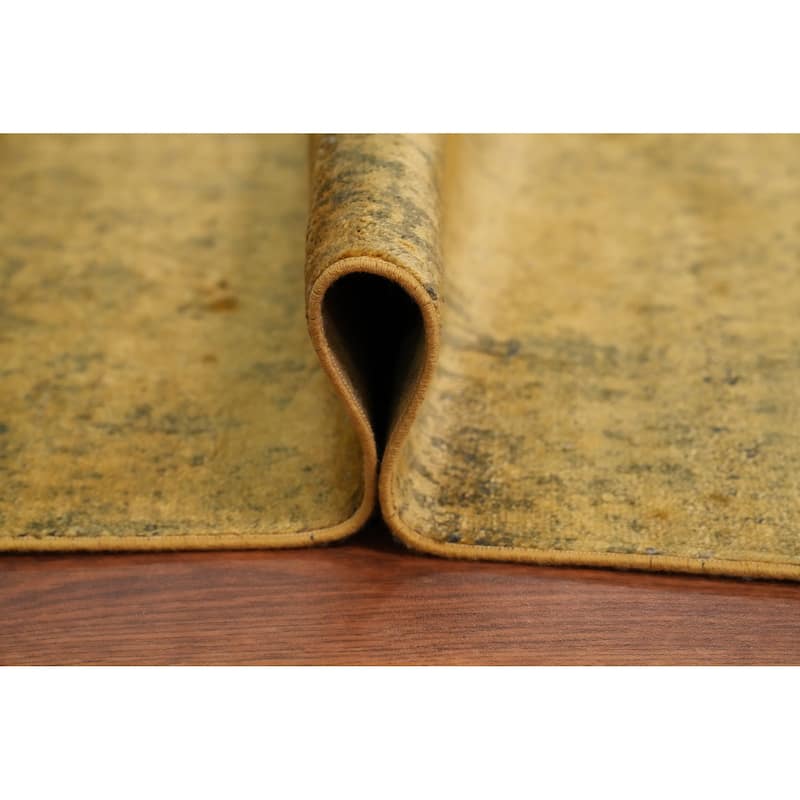 Machine Made Oriental Polyester Carpet Geometric Yellow & Gold Distressed Area Rug - 7' 5'' X 5' 2''