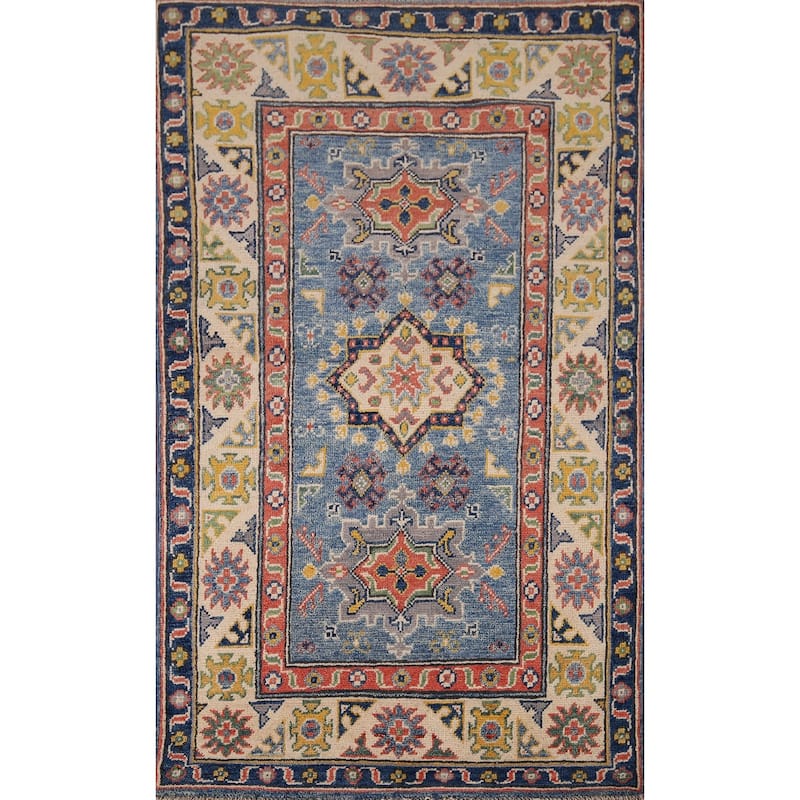 Blue Kazak Foyer Rug Handmade Floral Wool Handmade Wool Carpet - 2'7" x 4'0"