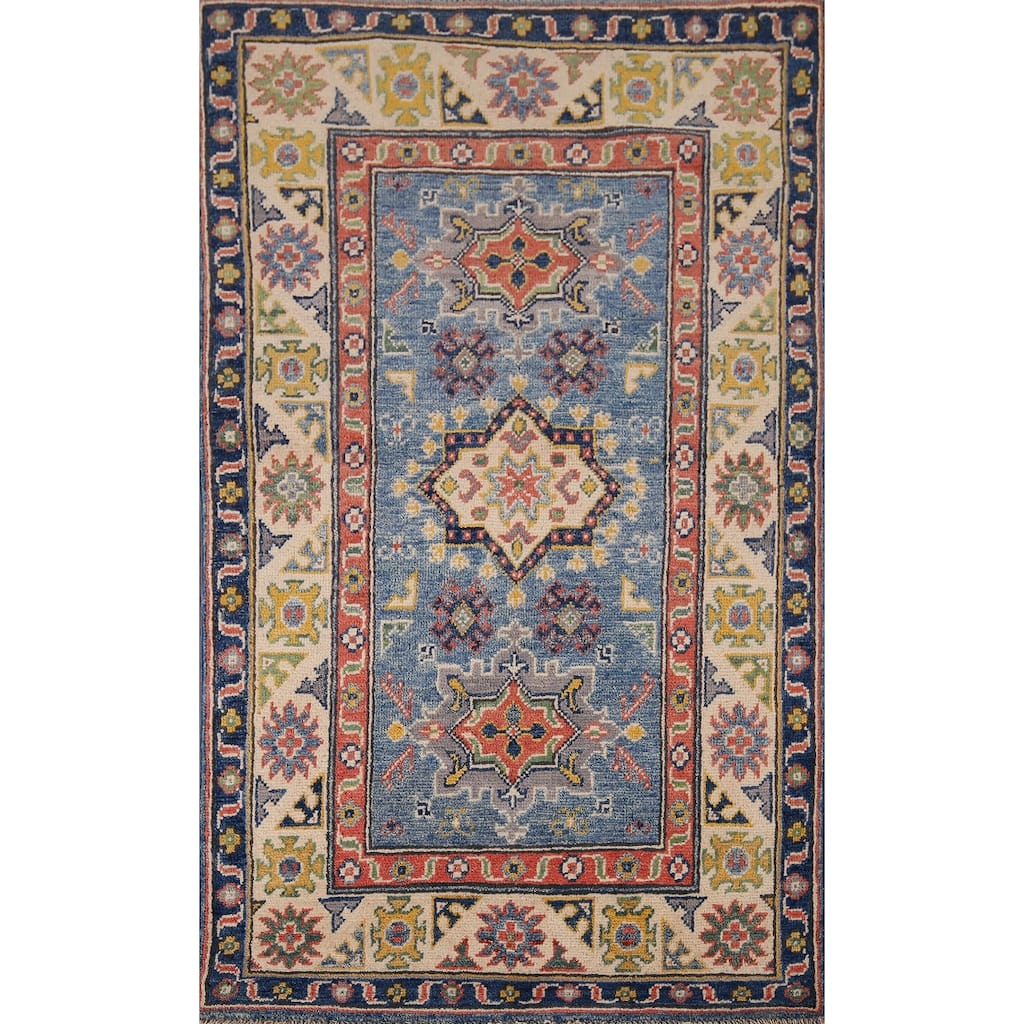 Blue Kazak Foyer Rug Handmade Floral Wool Handmade Wool Carpet - 2'7" x 4'0"